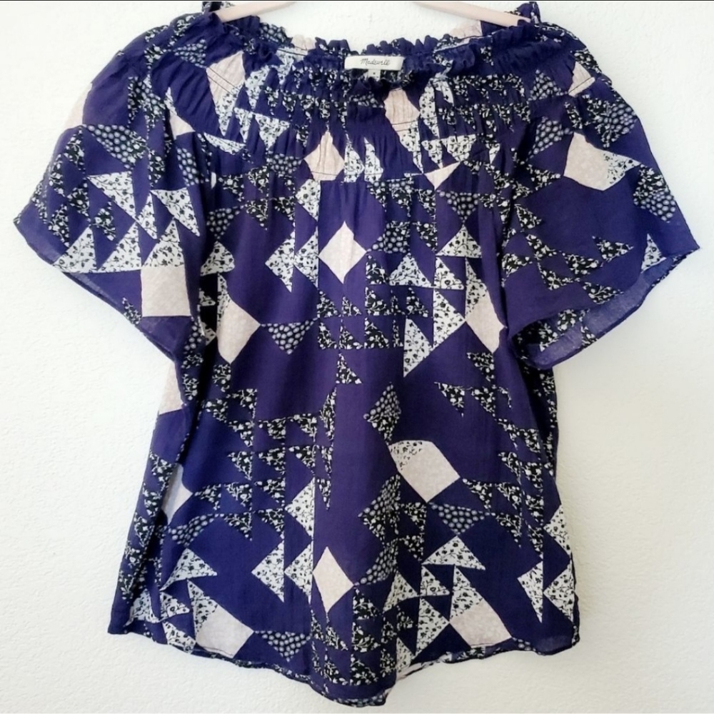 Madewell Off The Shoulder Crepe Geometric Floral Peasant Top Blue Medium